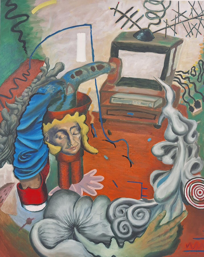 Y2k - German Boy watching TV, 150x120cm, Öl auf Leinwand
